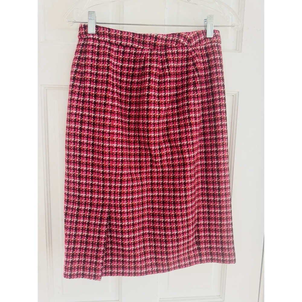 Talbots Tweed Pencil Skirt Women's 2 Pink‎ Houndstooth Offset Gold Zipper Accent